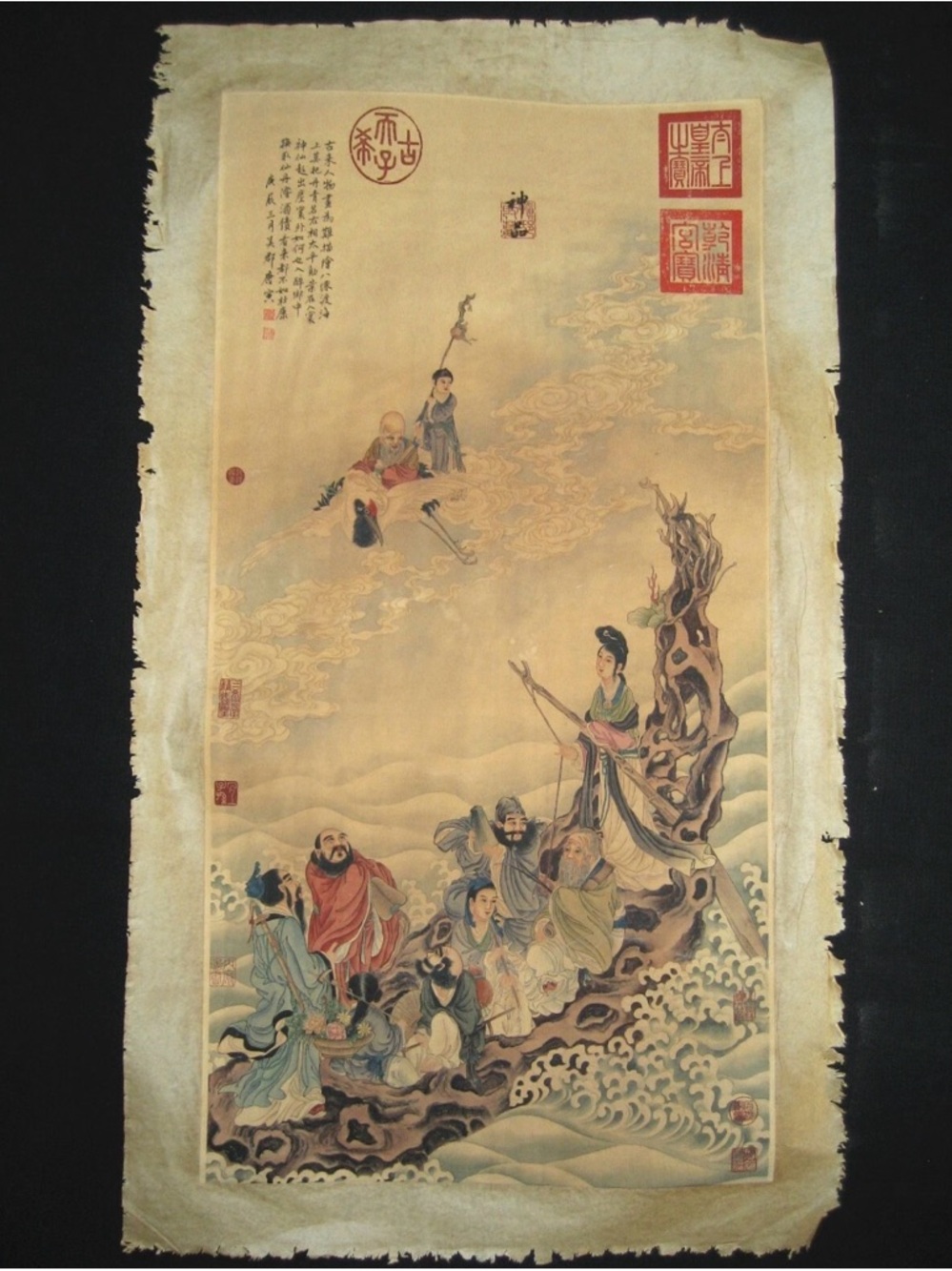 Hand-Painted Asian Scroll Art Panel with Mythical Figures